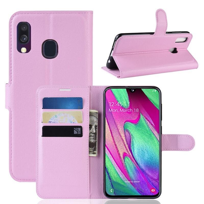 Litchi PU bőr pénztárca tok mobiltelefonhoz Samsung Galaxy A40 - rózsaszín