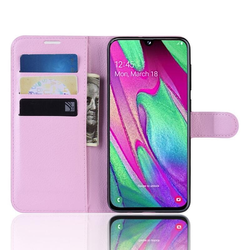 Litchi PU bőr pénztárca tok mobiltelefonhoz Samsung Galaxy A40 - rózsaszín