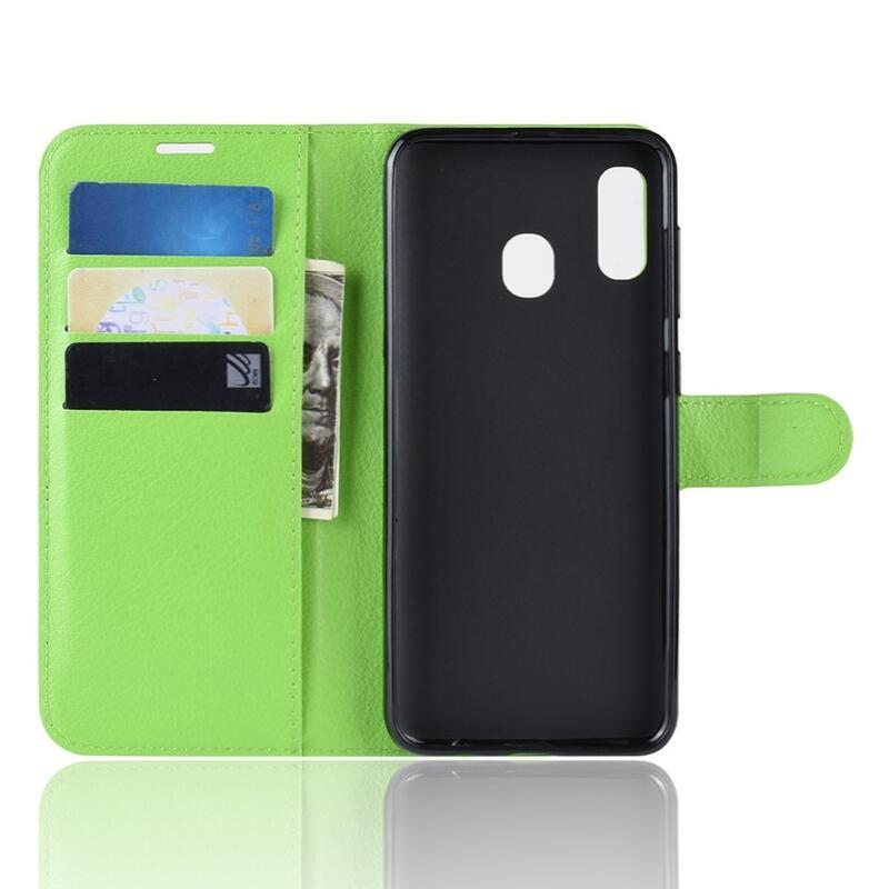Litchi PU bőr pénztárca tok mobiltelefonhoz Samsung Galaxy A40 - zöld