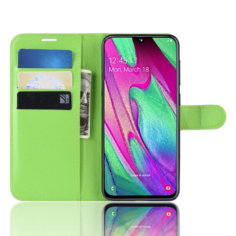 Litchi PU bőr pénztárca tok mobiltelefonhoz Samsung Galaxy A40 - zöld