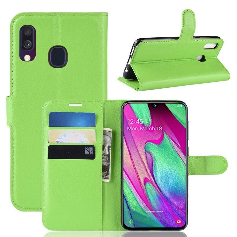Litchi PU bőr pénztárca tok mobiltelefonhoz Samsung Galaxy A40 - zöld