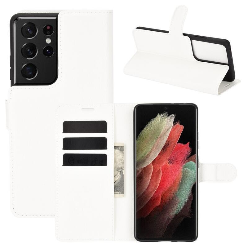 Litchi PU bőr pénztárca tok mobiltelefonhoz Samsung Galaxy S21 Ultra 5G - fehér
