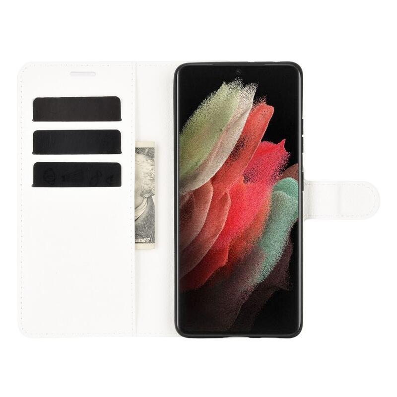 Litchi PU bőr pénztárca tok mobiltelefonhoz Samsung Galaxy S21 Ultra 5G - fehér