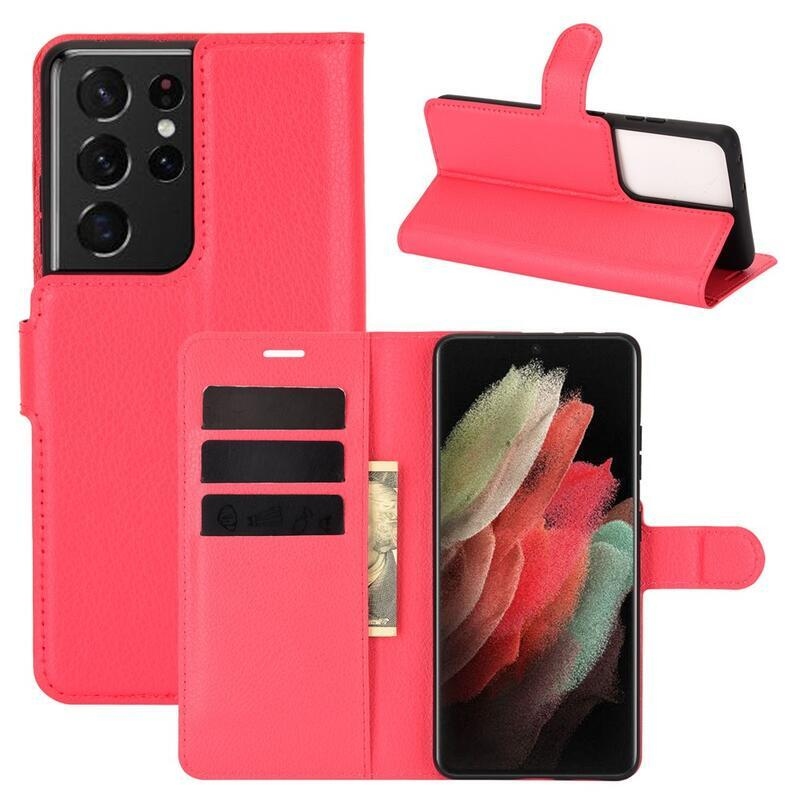 Litchi PU bőr pénztárca tok mobiltelefonhoz Samsung Galaxy S21 Ultra 5G - piros