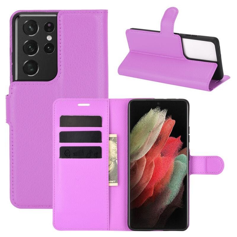 Litchi PU bőr pénztárca tok mobiltelefonhoz Samsung Galaxy S21 Ultra 5G - lila