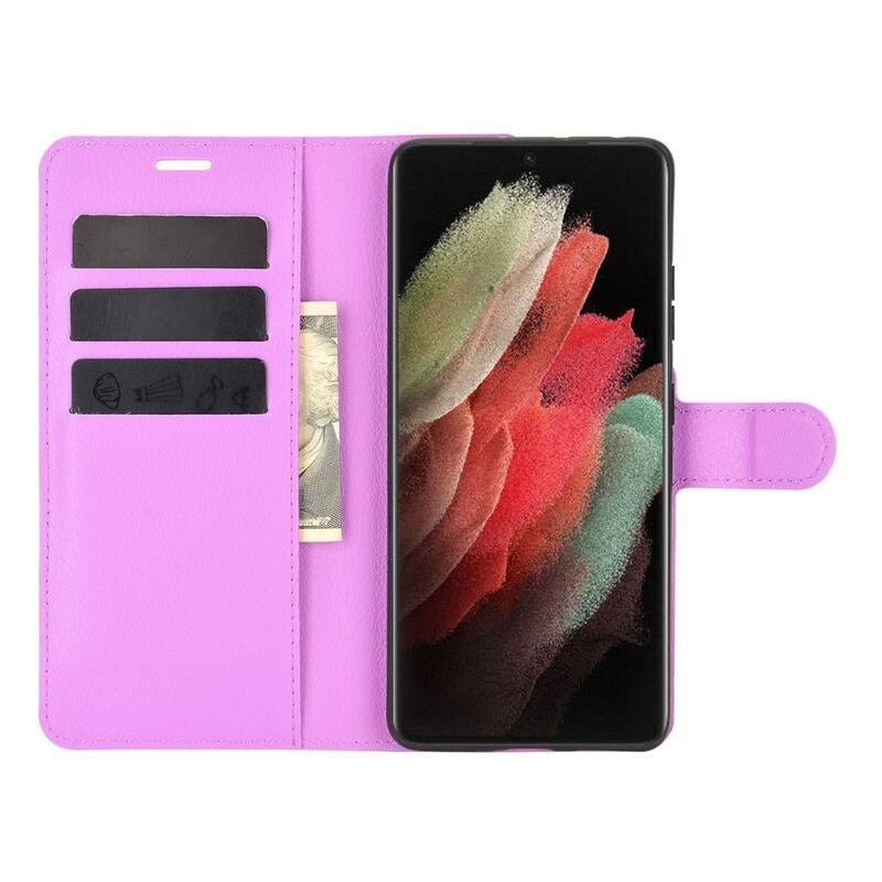 Litchi PU bőr pénztárca tok mobiltelefonhoz Samsung Galaxy S21 Ultra 5G - lila