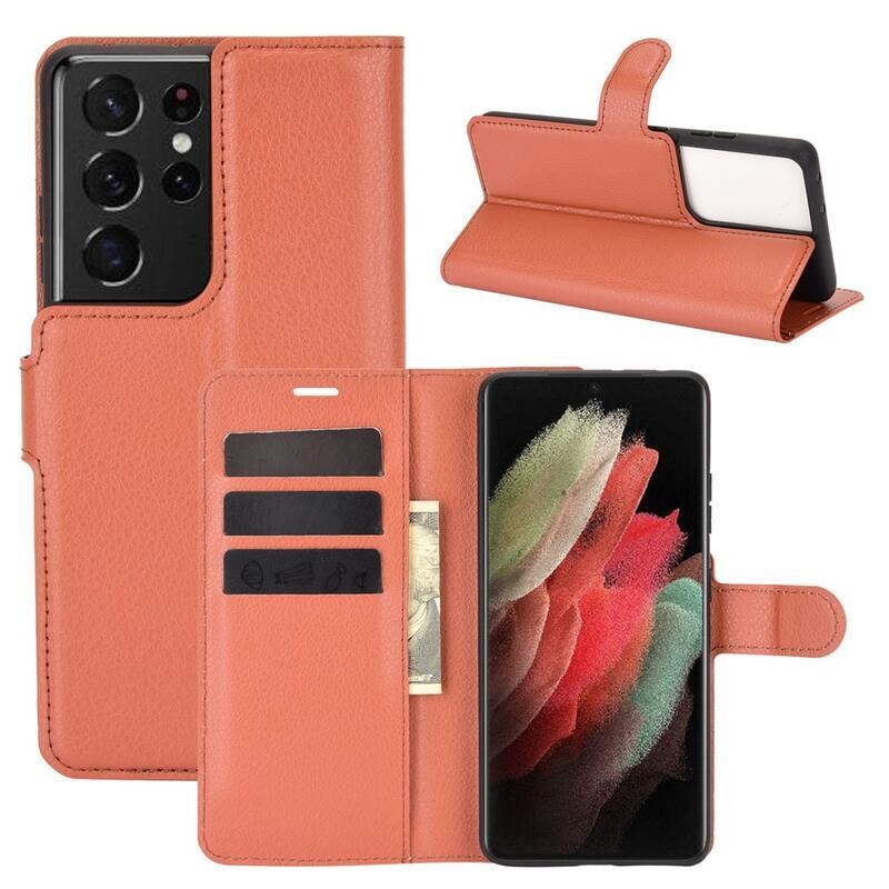 Litchi PU bőr pénztárca tok mobiltelefonhoz Samsung Galaxy S21 Ultra 5G - barna