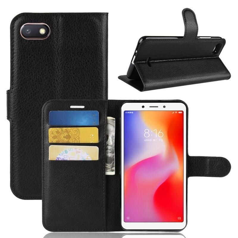Litchi PU bőr pénztárca tok a Xiaomi Redmi 6A-hoz - fekete