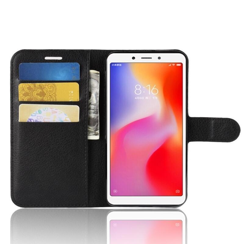 Litchi PU bőr pénztárca tok a Xiaomi Redmi 6A-hoz - fekete