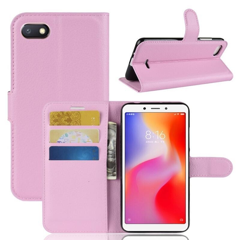 Litchi PU bőr pénztárca tok Xiaomi Redmi 6A - rózsaszínű