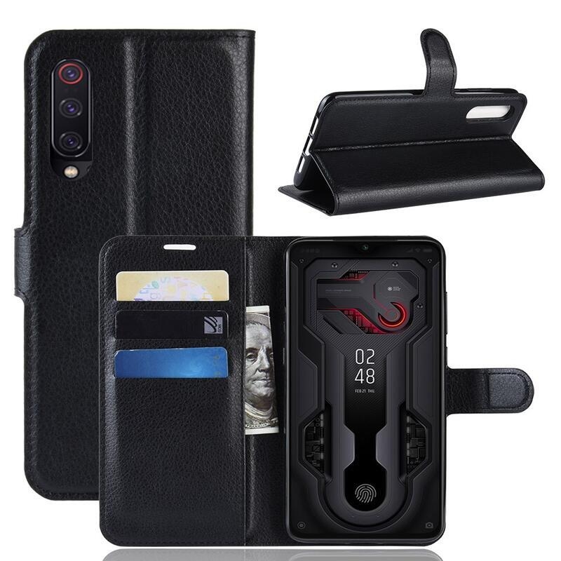 Litchi PU bőr pénztárca tok a Xiaomi Mi 9-hez - fekete