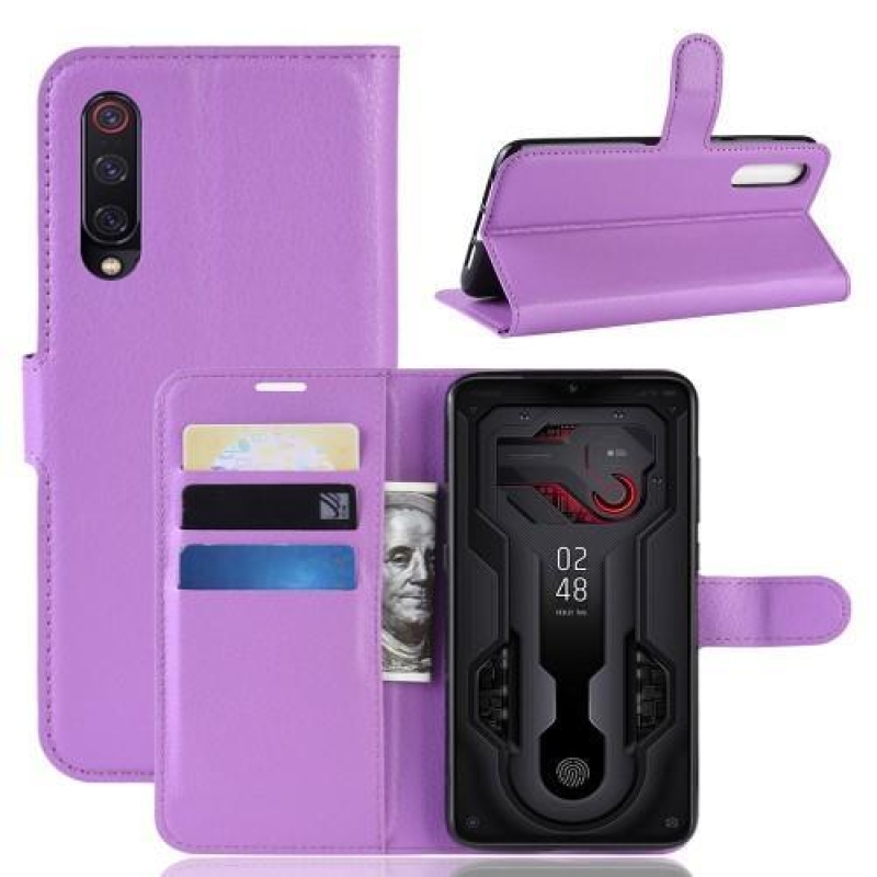 Litchi PU bőr pénztárca tok Xiaomi Mi 9-hez - lila