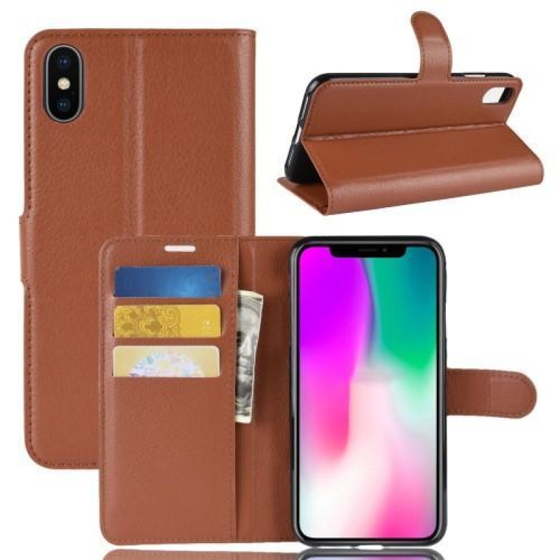 Litchi PU bőr pénztárca tok iPhone XR-hez - barna