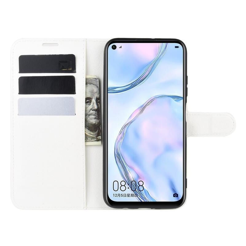 Litchi PU bőr pénztárca tok Huawei P40 Lite-hoz - fehér