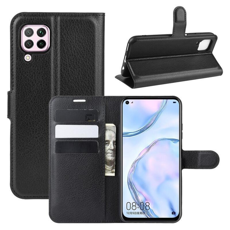 Litchi PU bőr pénztárca tok Huawei P40 Lite-hoz - fekete