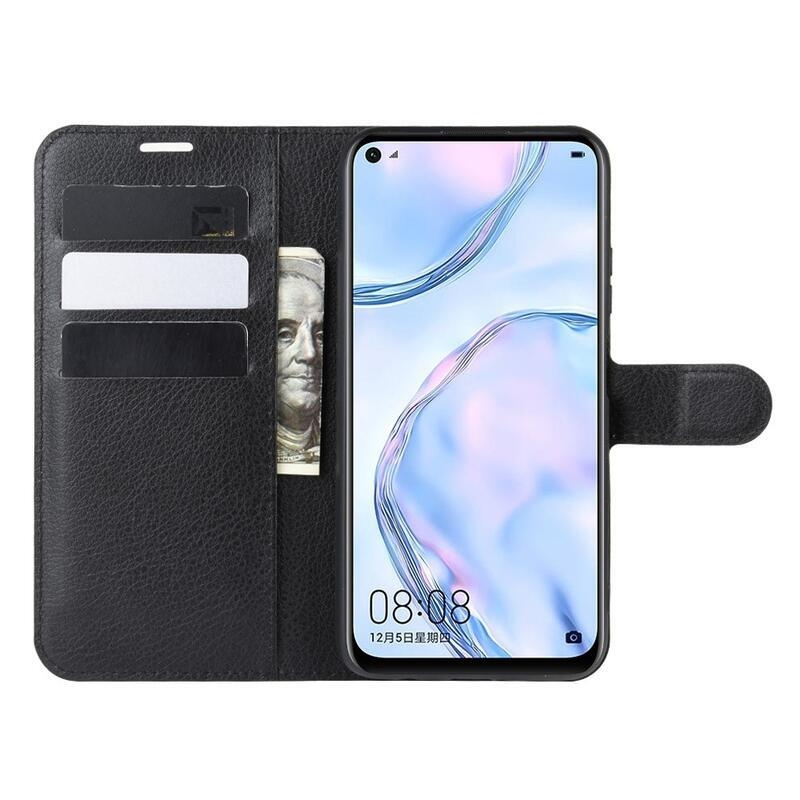 Litchi PU bőr pénztárca tok Huawei P40 Lite-hoz - fekete
