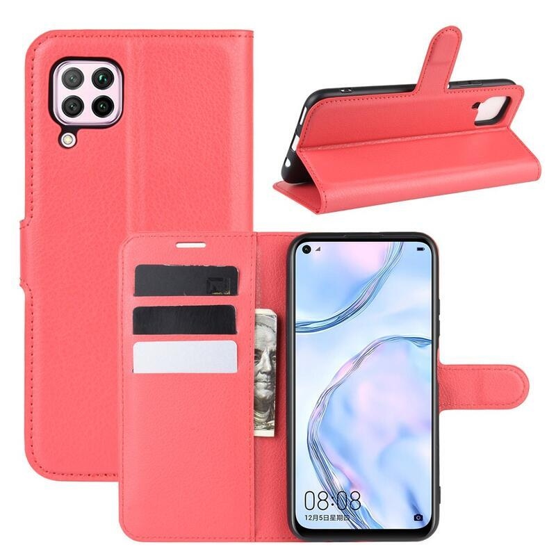Litchi PU bőr pénztárca tok Huawei P40 Lite-hoz - piros