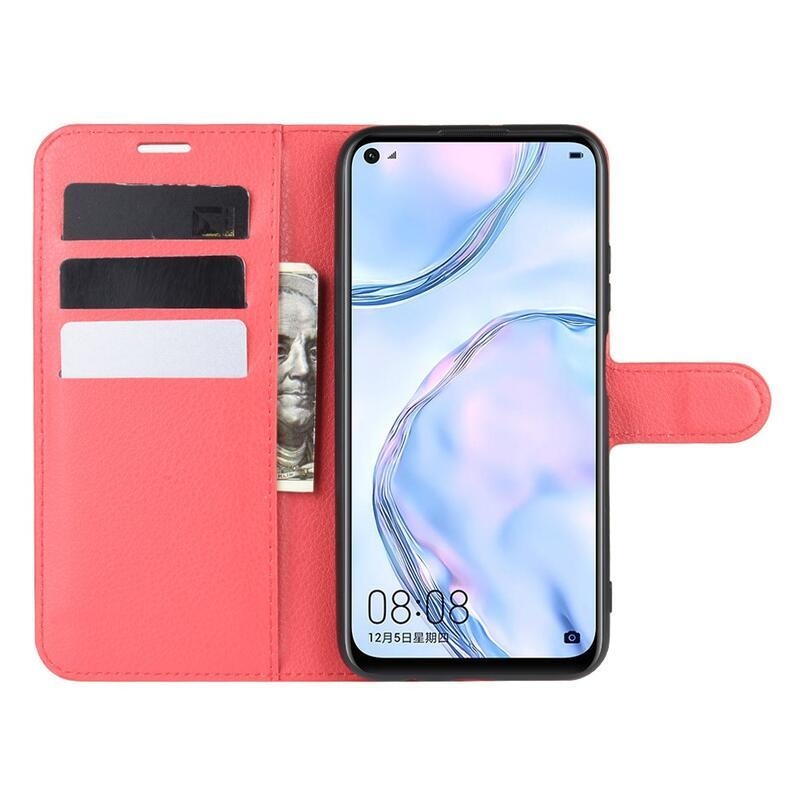Litchi PU bőr pénztárca tok Huawei P40 Lite-hoz - piros