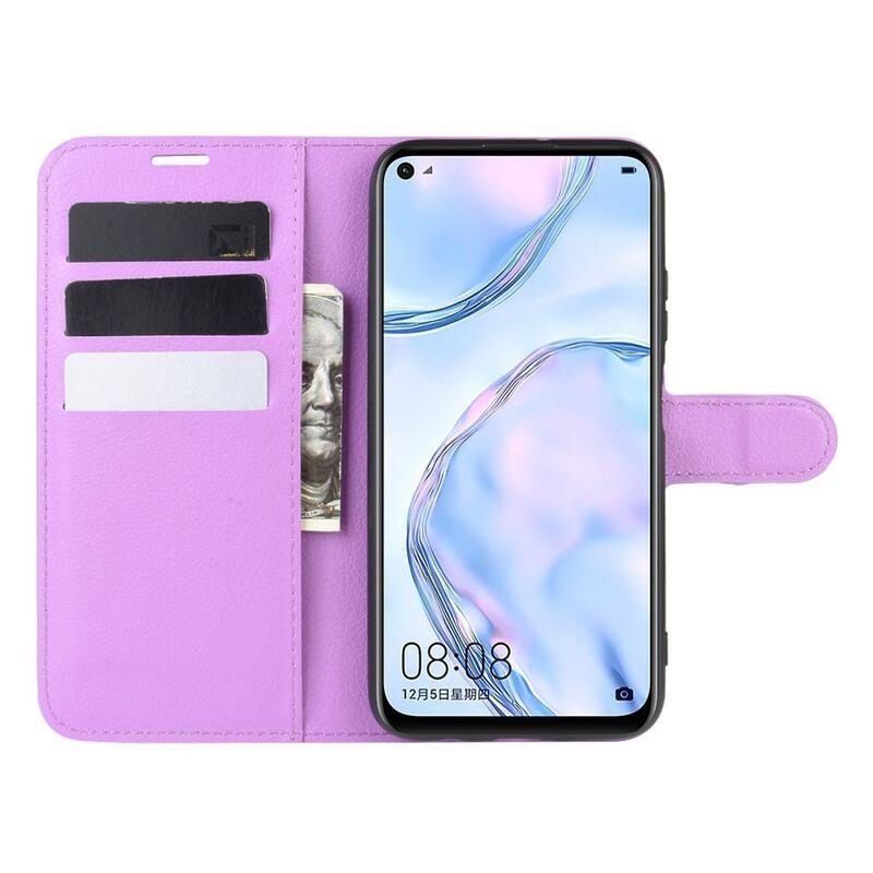 Litchi PU bőr pénztárca tok Huawei P40 Lite-hoz - lila