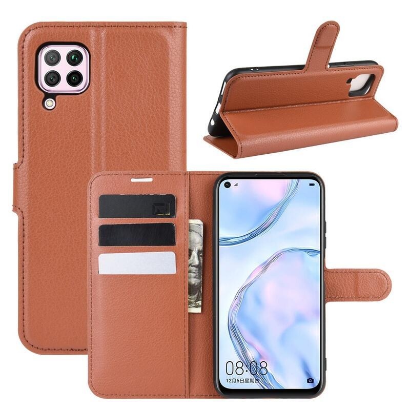 Litchi PU bőr pénztárca tok Huawei P40 Lite-hoz - barna