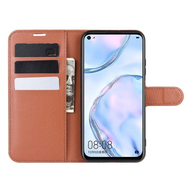 Litchi PU bőr pénztárca tok Huawei P40 Lite-hoz - barna