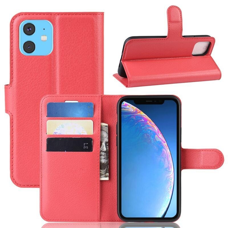 Litchi PU bőr pénztárca tok iPhone 11 6.1 készülékhez - piros