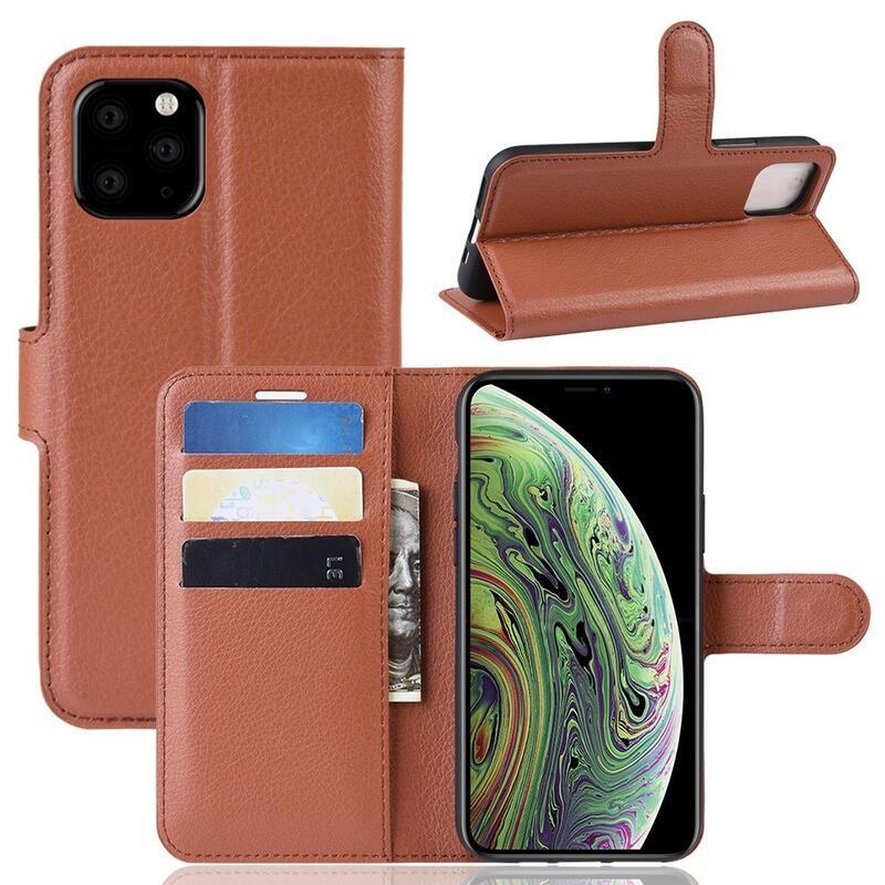 Litchi PU bőr pénztárca tok iPhone 11 Pro 5.8-hoz - barna