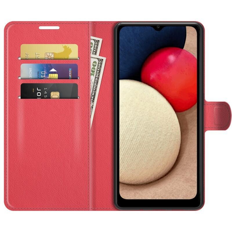 Litchi PU bőr pénztárca tok Samsung Galaxy A03s (166.6 x 75.9 x 9.1mm) - piros