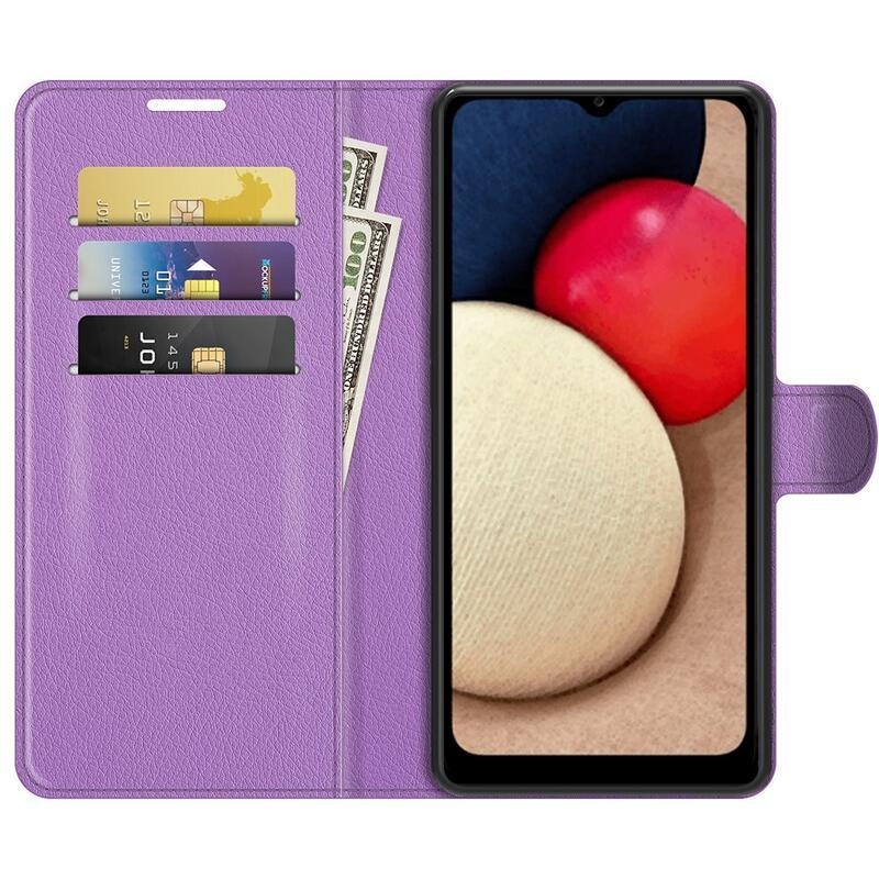 Litchi PU bőr pénztárca tok Samsung Galaxy A03s (166.6 x 75.9 x 9.1mm) - lila