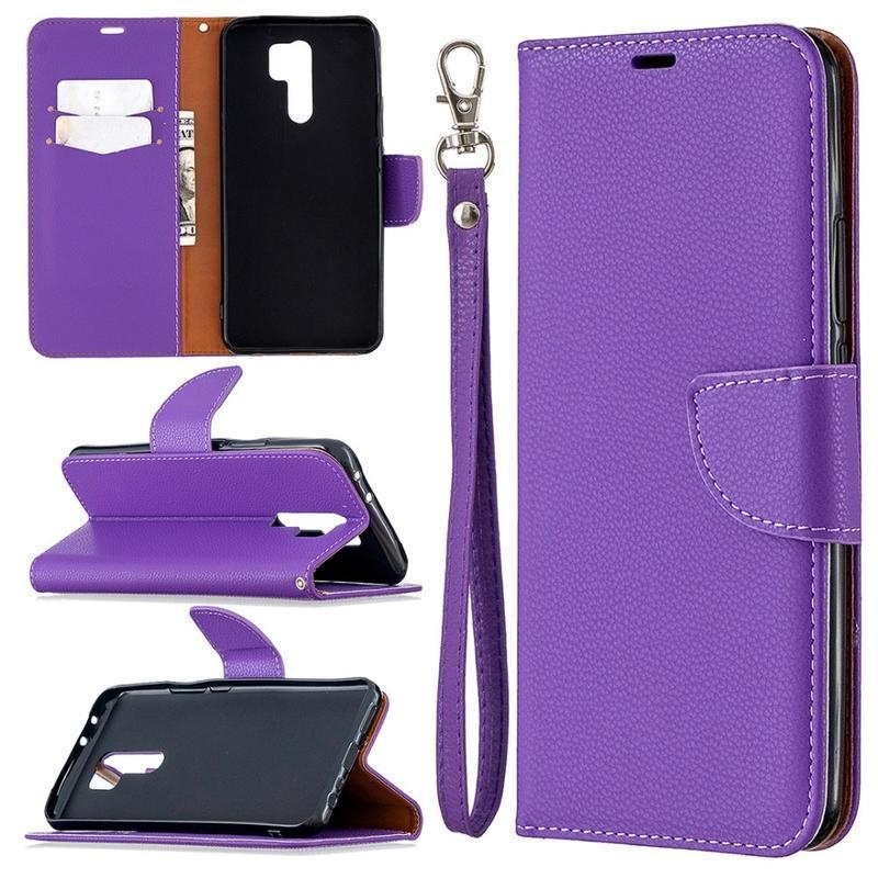 Litchi PU bőr pénztárca tok Xiaomi Redmi 9-hez - lila