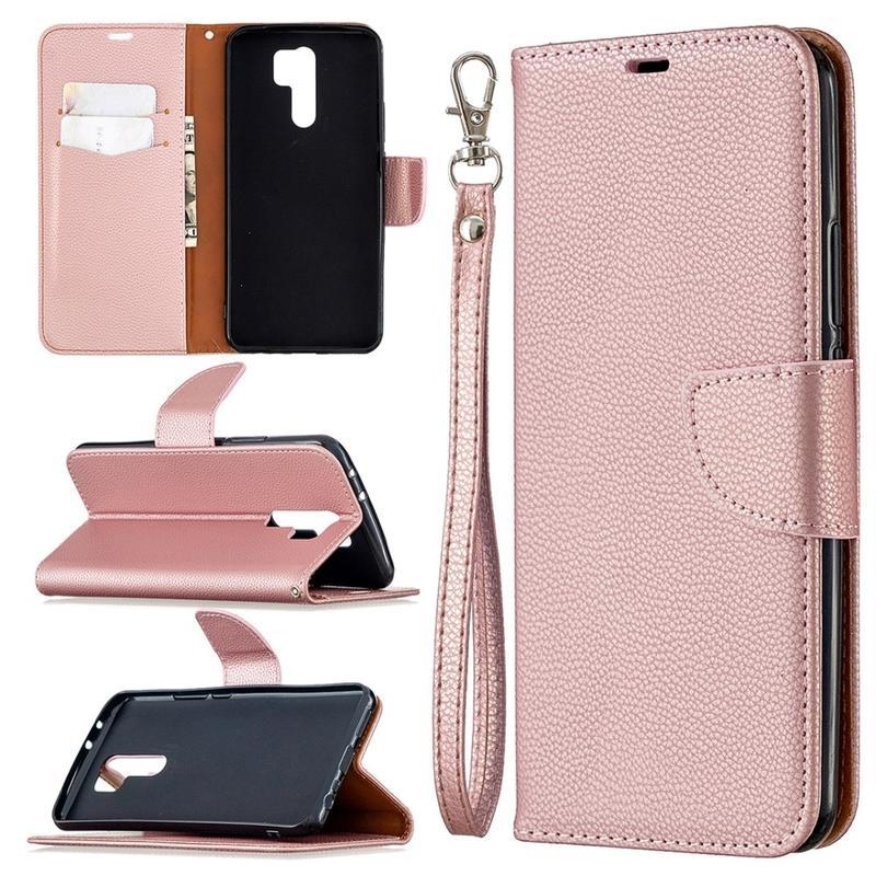 Litchi PU bőr pénztárca tok Xiaomi Redmi 9-hez - rózsa arany