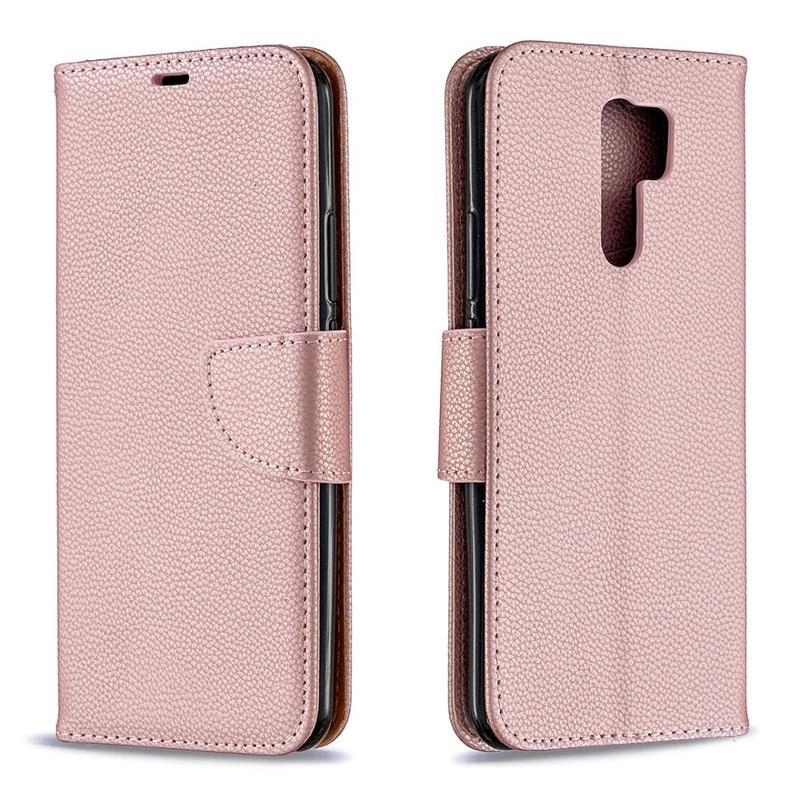 Litchi PU bőr pénztárca tok Xiaomi Redmi 9-hez - rózsa arany