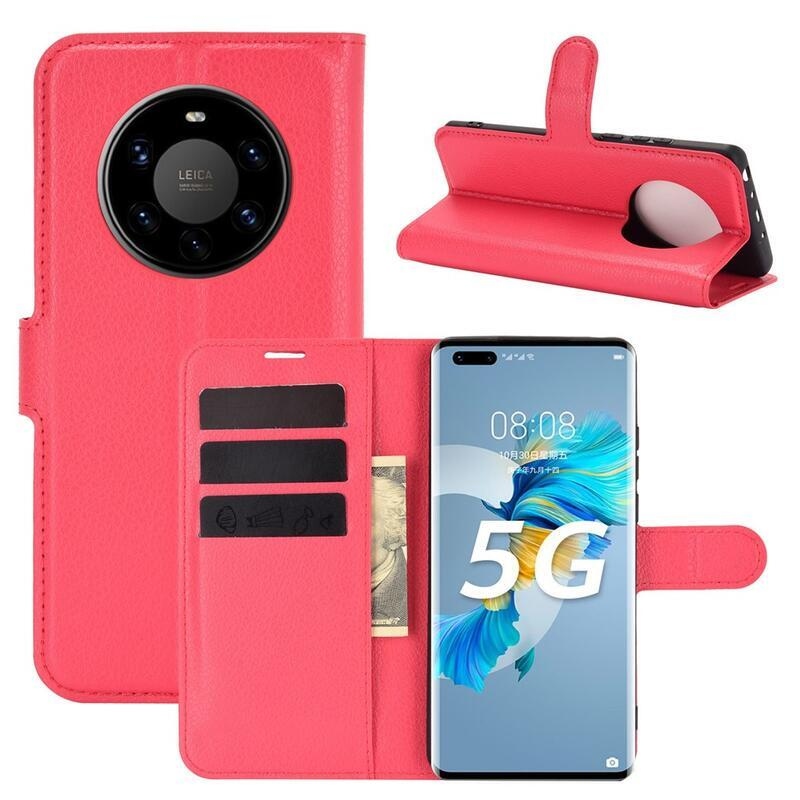 Litchi PU bőr pénztárca tok mobiltelefonhoz Huawei Mate 40 Pro - piros