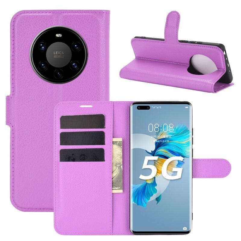Litchi PU bőr pénztárca tok mobiltelefonhoz Huawei Mate 40 Pro - lila