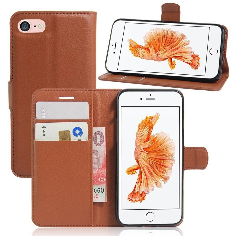 Litchi PU bőr pénztárca tok iPhone SE (2020)/7/8 készülékhez - barna