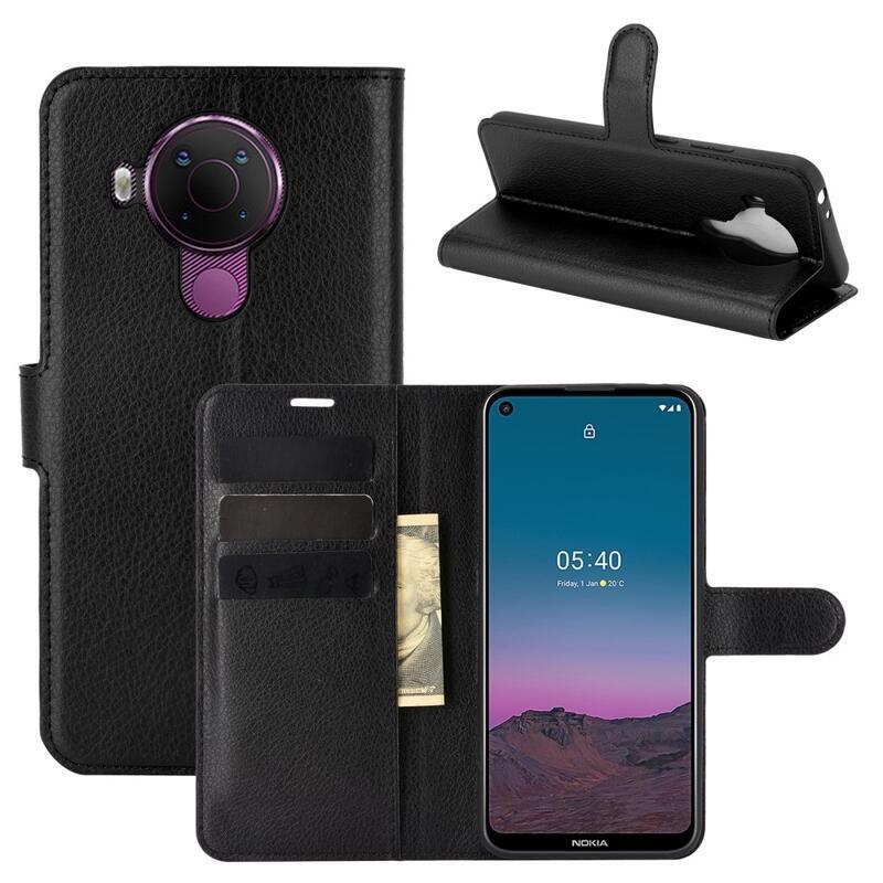 Litchi PU bőr pénztárca tok Nokia 5.4 mobiltelefonhoz - fekete