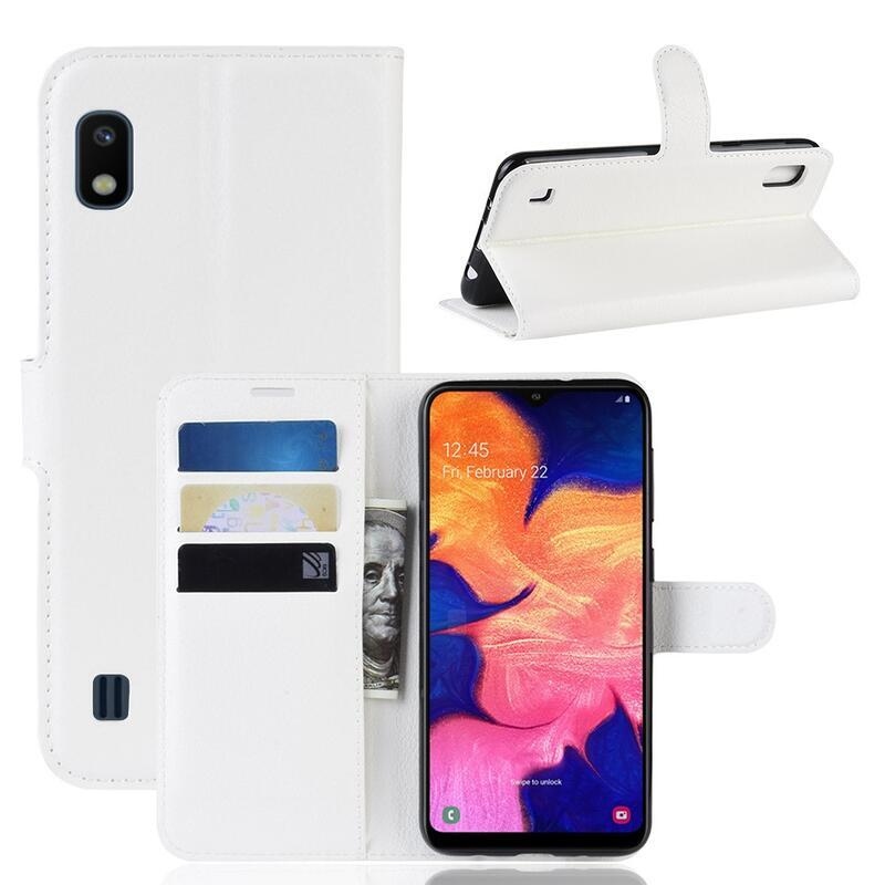 Litchi PU bőr pénztárca tok mobiltelefonhoz Samsung Galaxy A10 - fehér