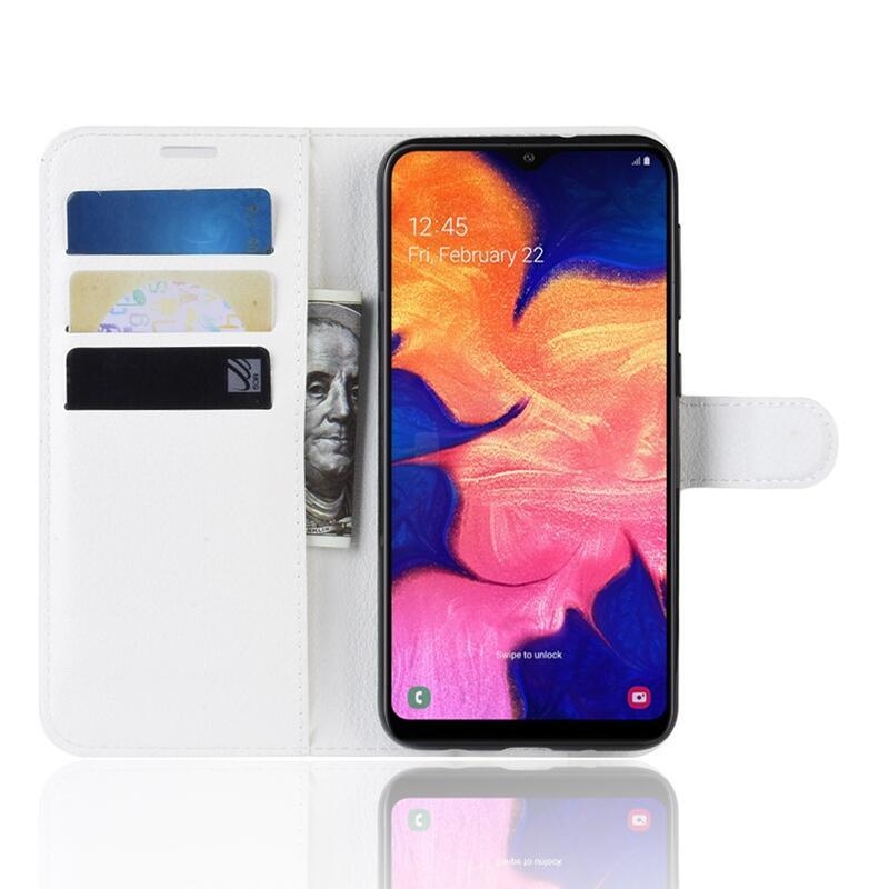 Litchi PU bőr pénztárca tok mobiltelefonhoz Samsung Galaxy A10 - fehér
