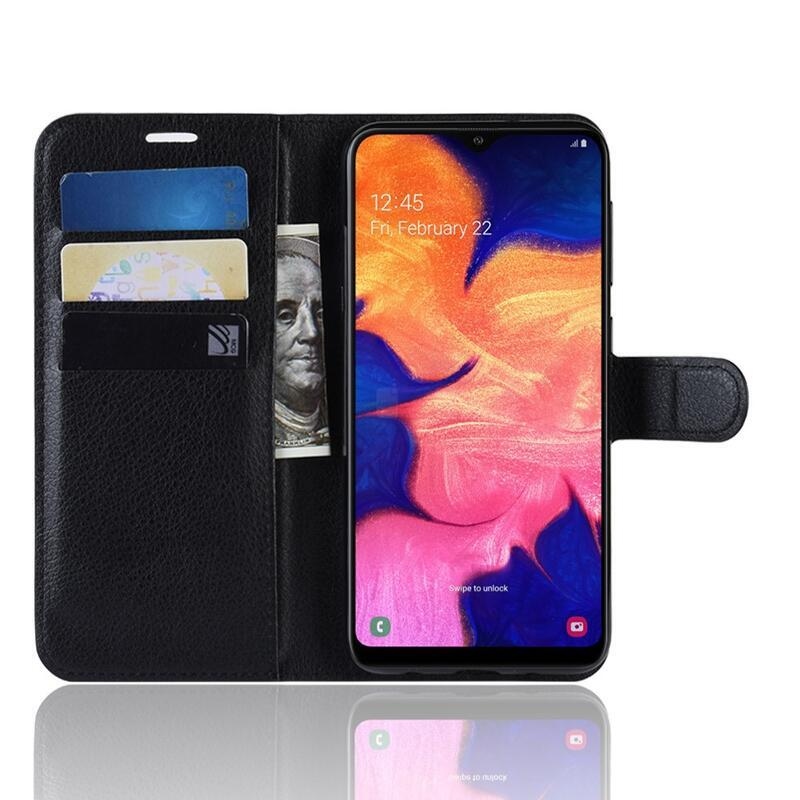 Litchi PU bőr pénztárca tok mobiltelefonhoz Samsung Galaxy A10 - fekete