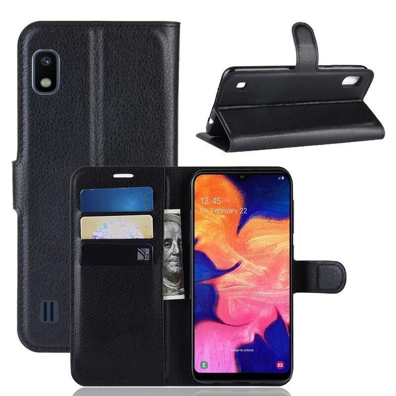 Litchi PU bőr pénztárca tok mobiltelefonhoz Samsung Galaxy A10 - fekete