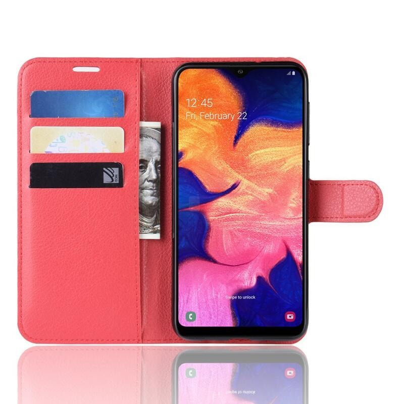 Litchi PU bőr pénztárca tok mobiltelefonhoz Samsung Galaxy A10 - piros