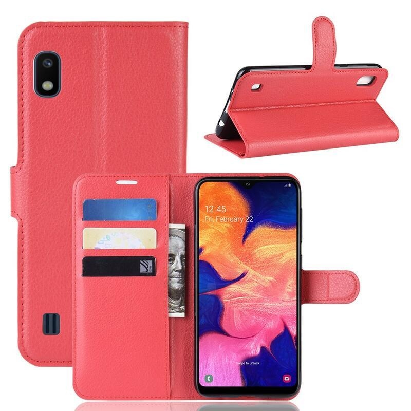 Litchi PU bőr pénztárca tok mobiltelefonhoz Samsung Galaxy A10 - piros