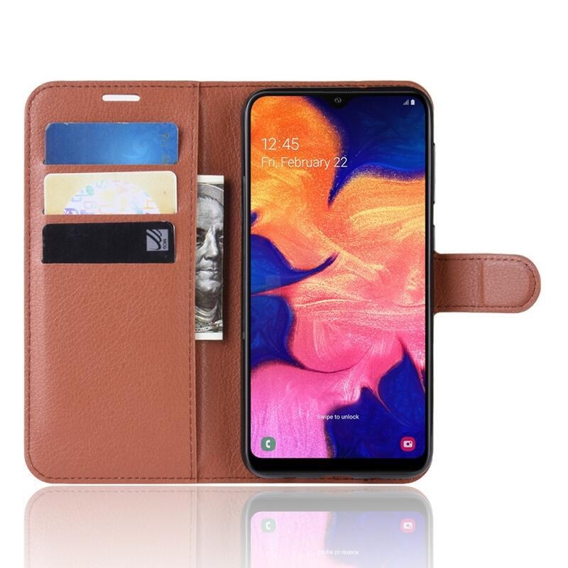 Litchi PU bőr pénztárca tok mobiltelefonhoz Samsung Galaxy A10 - barna