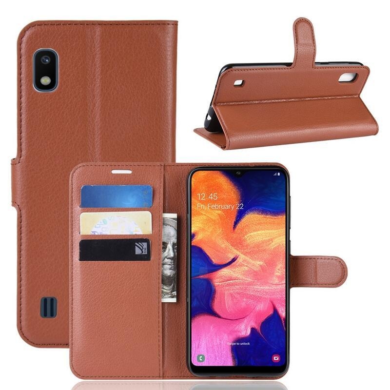 Litchi PU bőr pénztárca tok mobiltelefonhoz Samsung Galaxy A10 - barna
