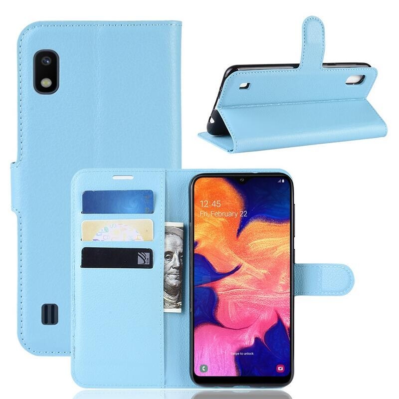 Litchi PU bőr pénztárca tok mobiltelefonhoz Samsung Galaxy A10 - kék