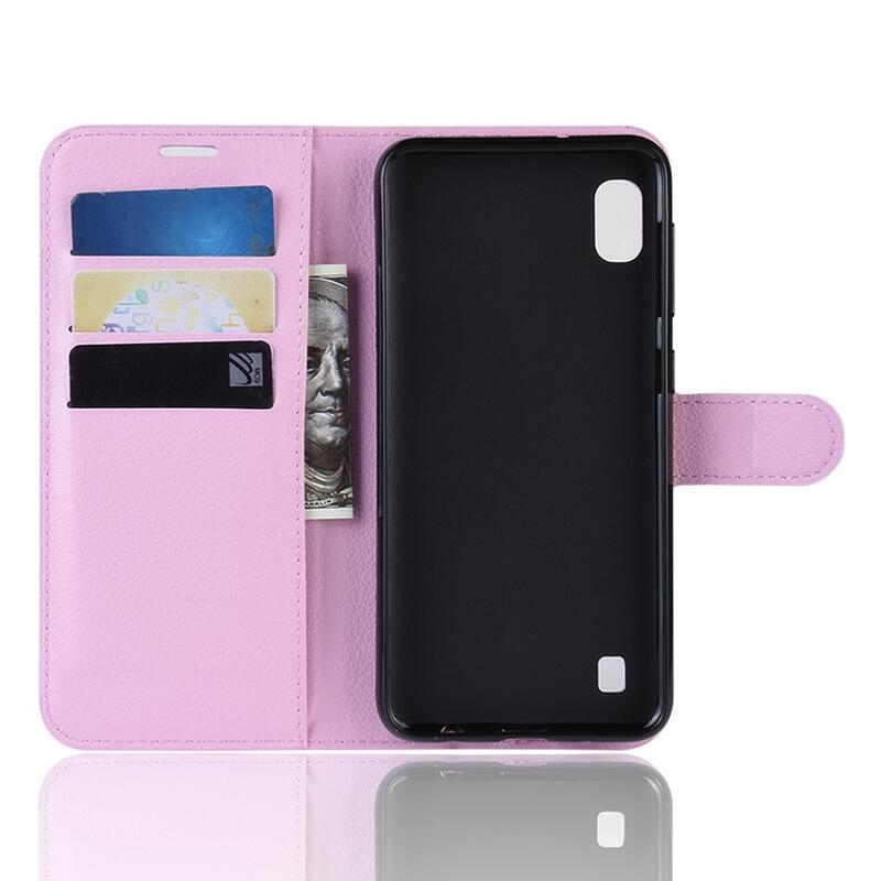 Litchi PU bőr pénztárca tok mobiltelefonhoz Samsung Galaxy A10 - rózsaszín