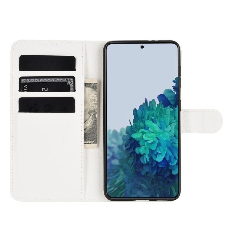 Litchi PU bőr pénztárca tok Samsung Galaxy S21 mobiltelefonhoz - fehér