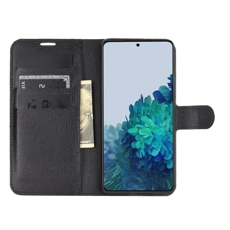 Litchi PU bőr pénztárca tok Samsung Galaxy S21 mobiltelefonhoz - fekete