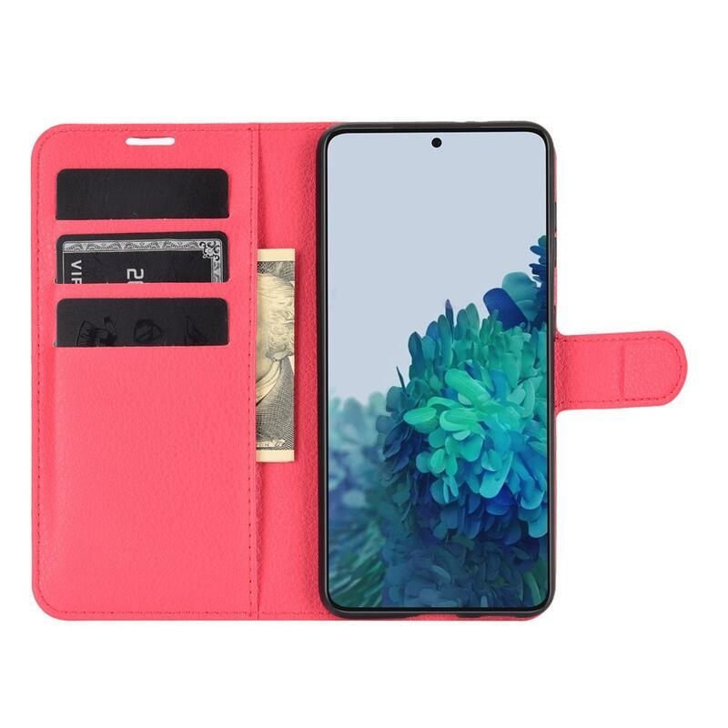 Litchi PU bőr pénztárca tok Samsung Galaxy S21 mobiltelefonhoz - piros