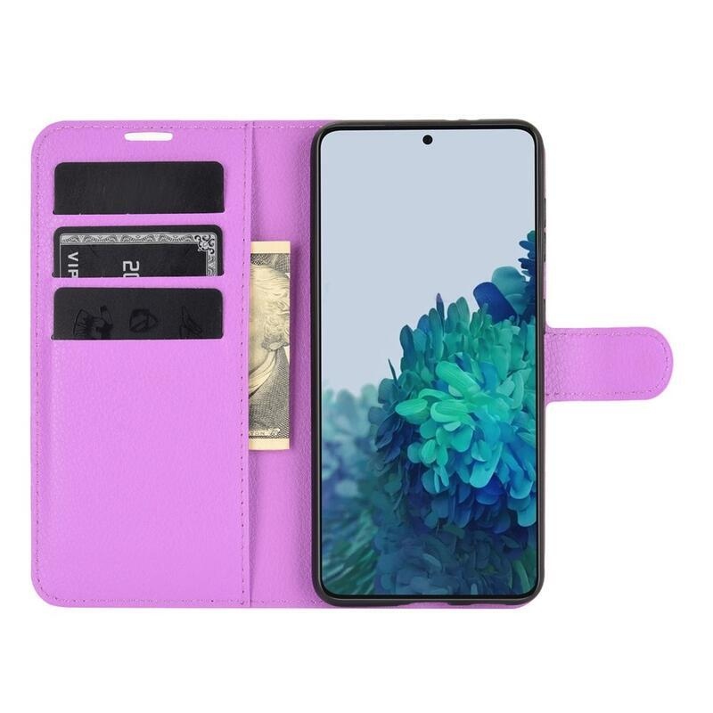 Litchi PU bőr pénztárca tok mobiltelefonhoz Samsung Galaxy S21 - lila